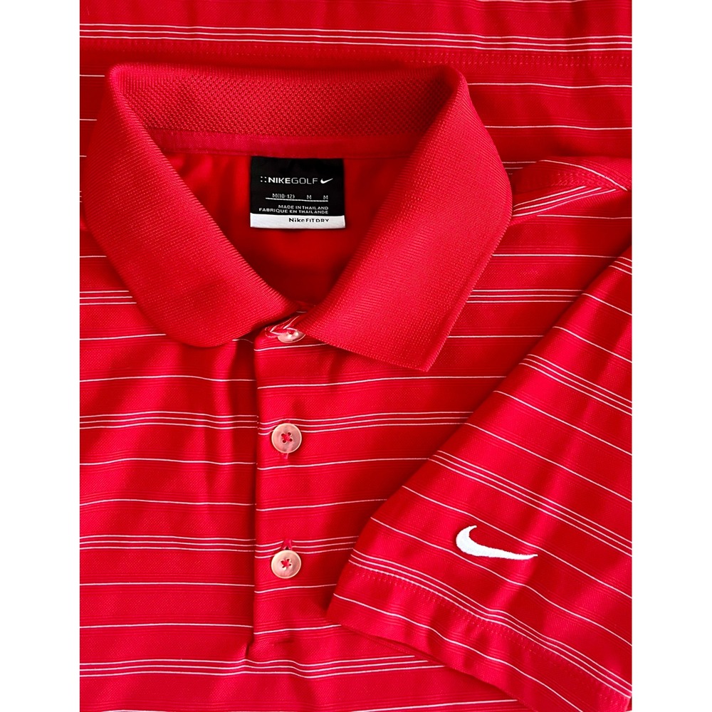 Nike Golf Polo Shirt DRI-FIT Striped Red Short Sleeve Athletic Top Youth Size M